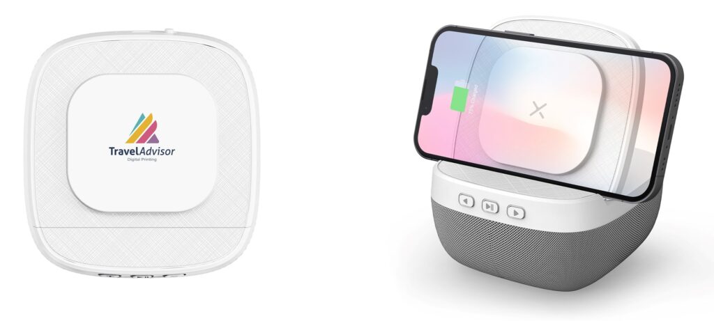 Loa bluetooth mini tích hợp sạc không dây và giá đỡ điện thoại