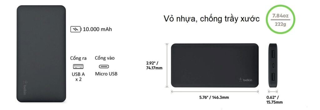 Pin sạc dự phòng Belkin 10,000mAh in logo thương hiệu