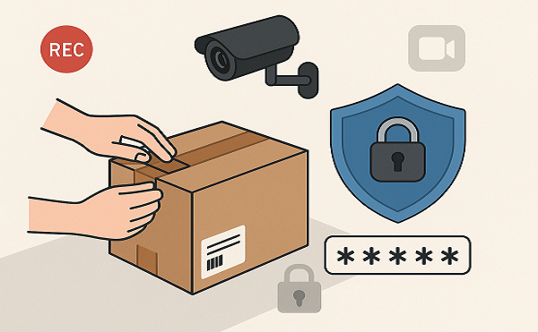 Camera ghi hình quá trình đóng gói hàng hóa kèm biểu tượng khóa bảo mật, thể hiện an toàn dữ liệu khách hàng.